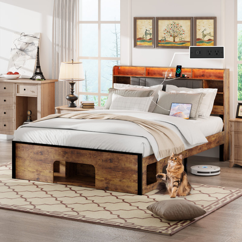 17 Stories Transform Your Bedroom With A Rustic Brown Queen Bed Frame Featuring An Upholstered Headboard Wood Platform Storage Headboard With Chargi